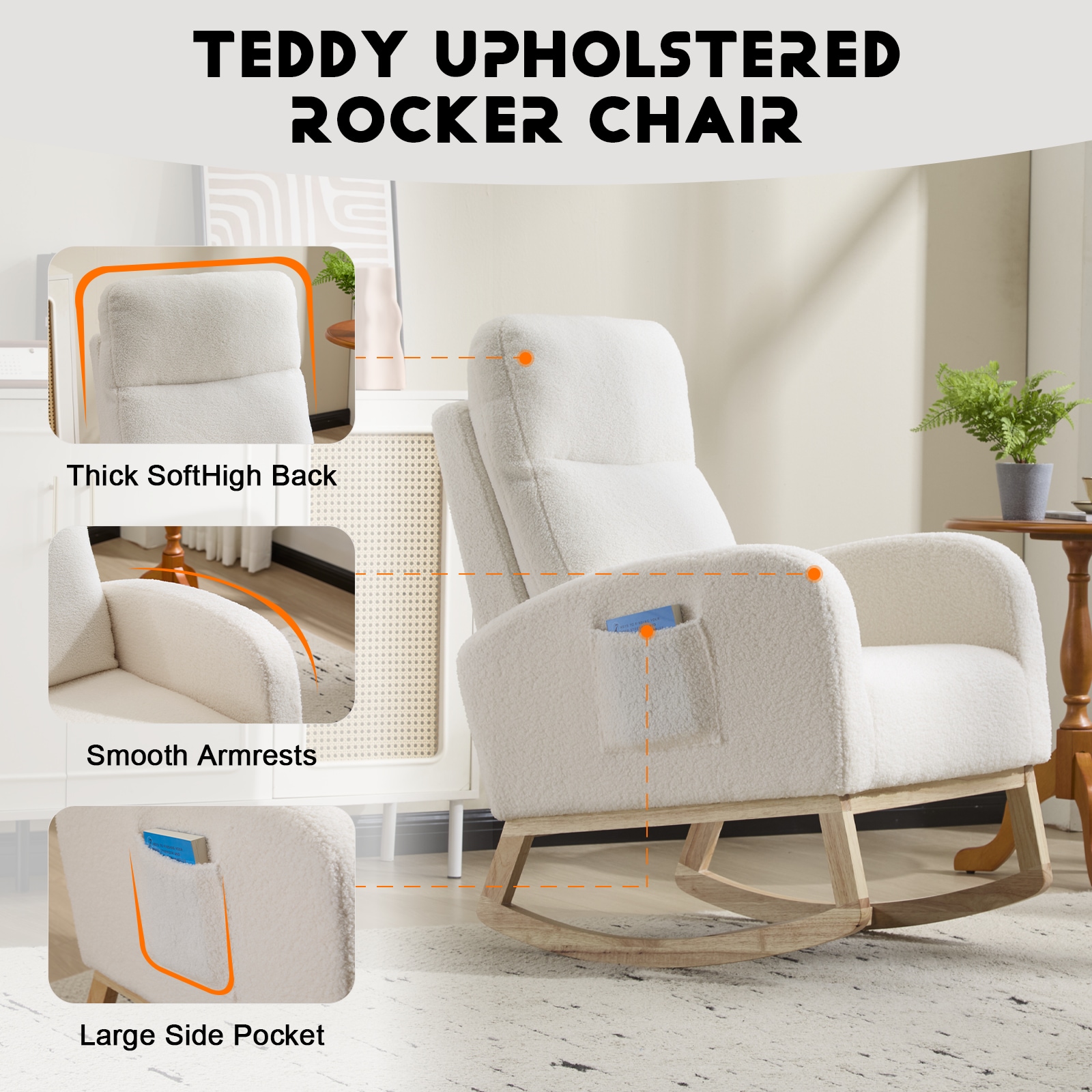 Modern Accent Rocking Chair Rocking Chair With Solid Wood Legs, Upholstered Nursery Glider Rocker, Comfy Armchair With Side Pocket, Living Room Lounge Arm Chair With High Backrest (White,teddy)_voghion.com